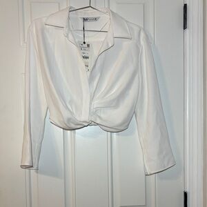 Zara White Twist-Front Button Down Crop Shirt